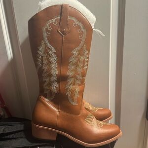 Brown Embroidered Western Cowgirl Boots, Vintage High Shaft Riding Boots
